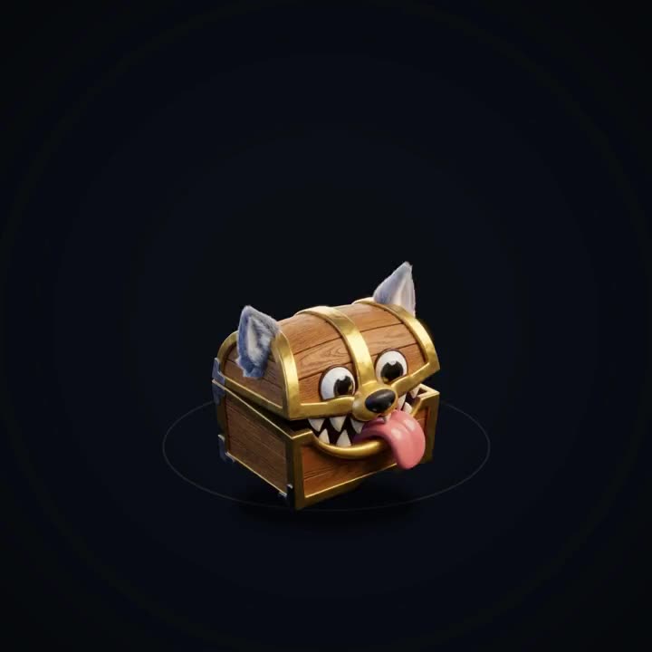 The raidmimic mascot, a wooden treasure chest with wolf ears, hopping in a circle.