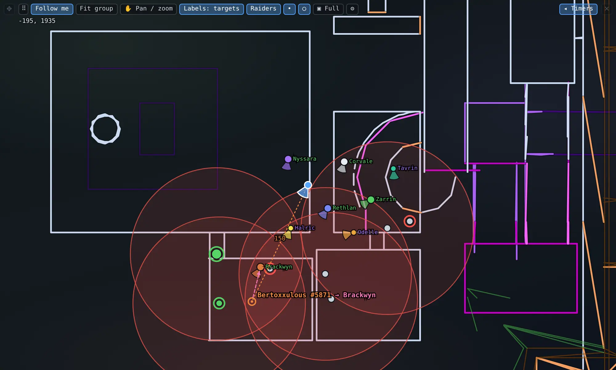 The Map overlay zoomed in on a floor plan in Plane of Disease: raiders as coloured dots, each with a slice showing which way they face, the player’s own arrow, a boss marker labelled with its name, spawn id and who it is fighting, a dashed line to it, red spawn-point rings, the coordinates at top left and a toolbar with Follow me, Fit group, Pan and zoom, label and raider switches, Full and Timers.