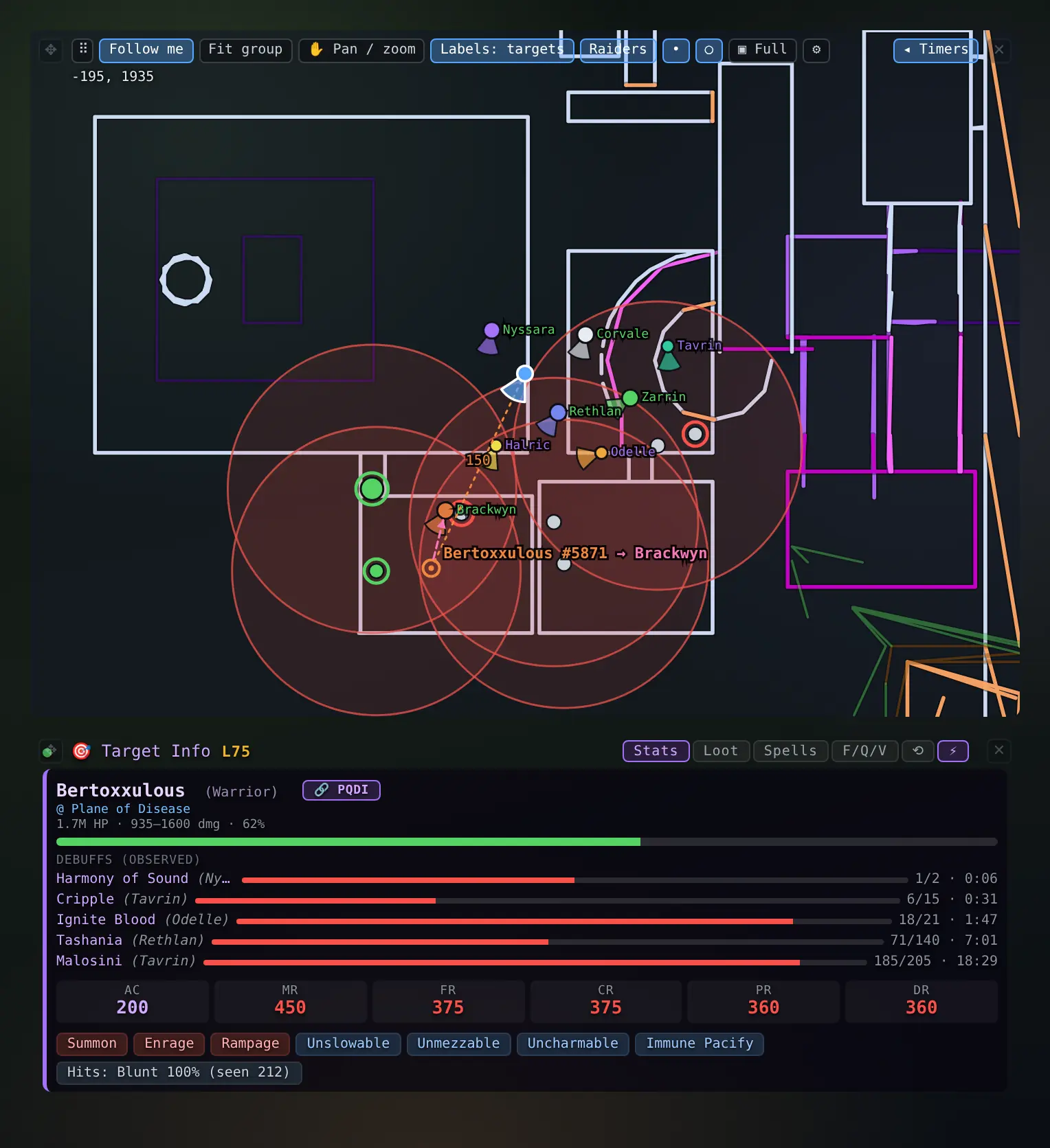 The Map overlay stacked over the Target Info overlay: the map shows the raid, the boss marker and its spawn point rings, and the card under it shows the boss’s name, level, zone and health, five observed debuffs with a draining bar and a count and time each, six resist and armour numbers and a row of special-ability chips.