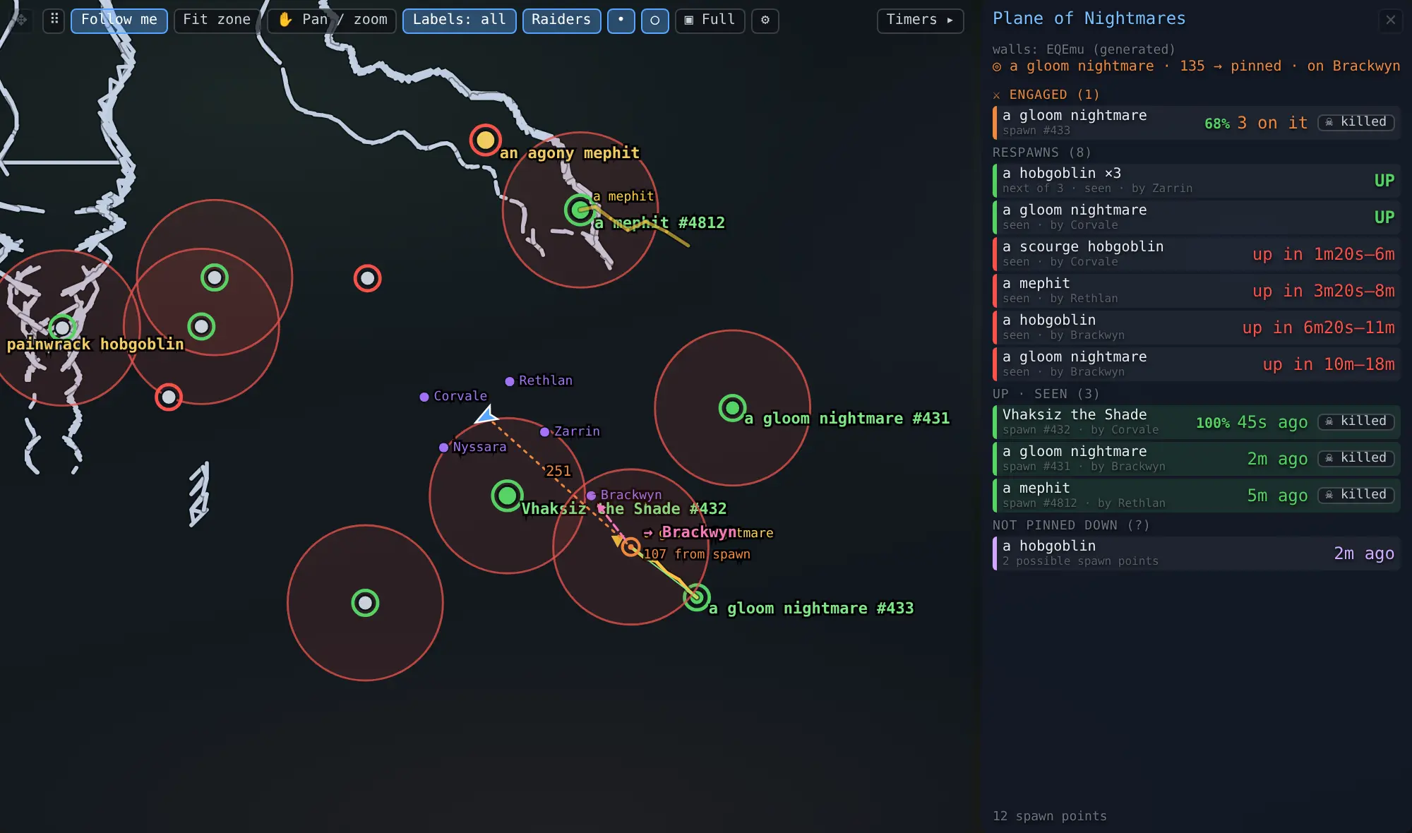 The Map overlay in Plane of Nightmares: spawn points with red aggro circles, a pulled mob whose circle has followed it away from its spawn point, the paths two mobs have walked, the player arrow and five raiders as dots, and a Timers list of engaged mobs, respawns that are up or due, mobs seen alive and a kill that is not pinned down yet.