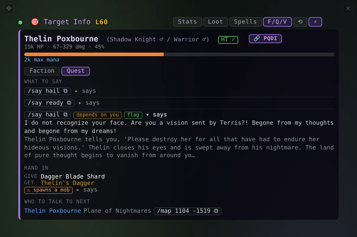 The Target Info overlay on a quest NPC: the words to say with a copy button each, one answer opened, the item to hand in and what comes back, and the next NPC to find with a map line to copy.