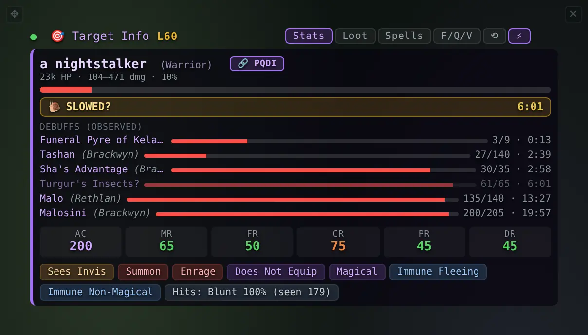 The Target Info overlay on a nightstalker: a slow timer, six observed debuffs with the caster and a draining bar each, armour class and resists, and chips for its special abilities.
