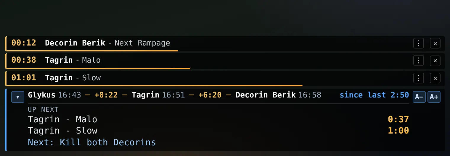 The trigger overlay: three countdown timers and a timeline strip of recent boss deaths with the gap between them and a countdown to the next boss in the pair.